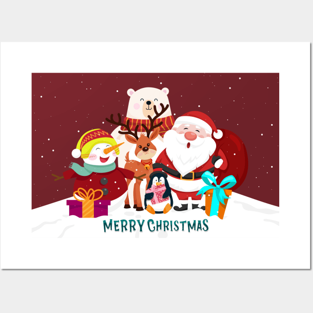 Cute Christmas Santa, Penguin, Polar Bear, Snowman, Reindeer Wall Art by kameleon